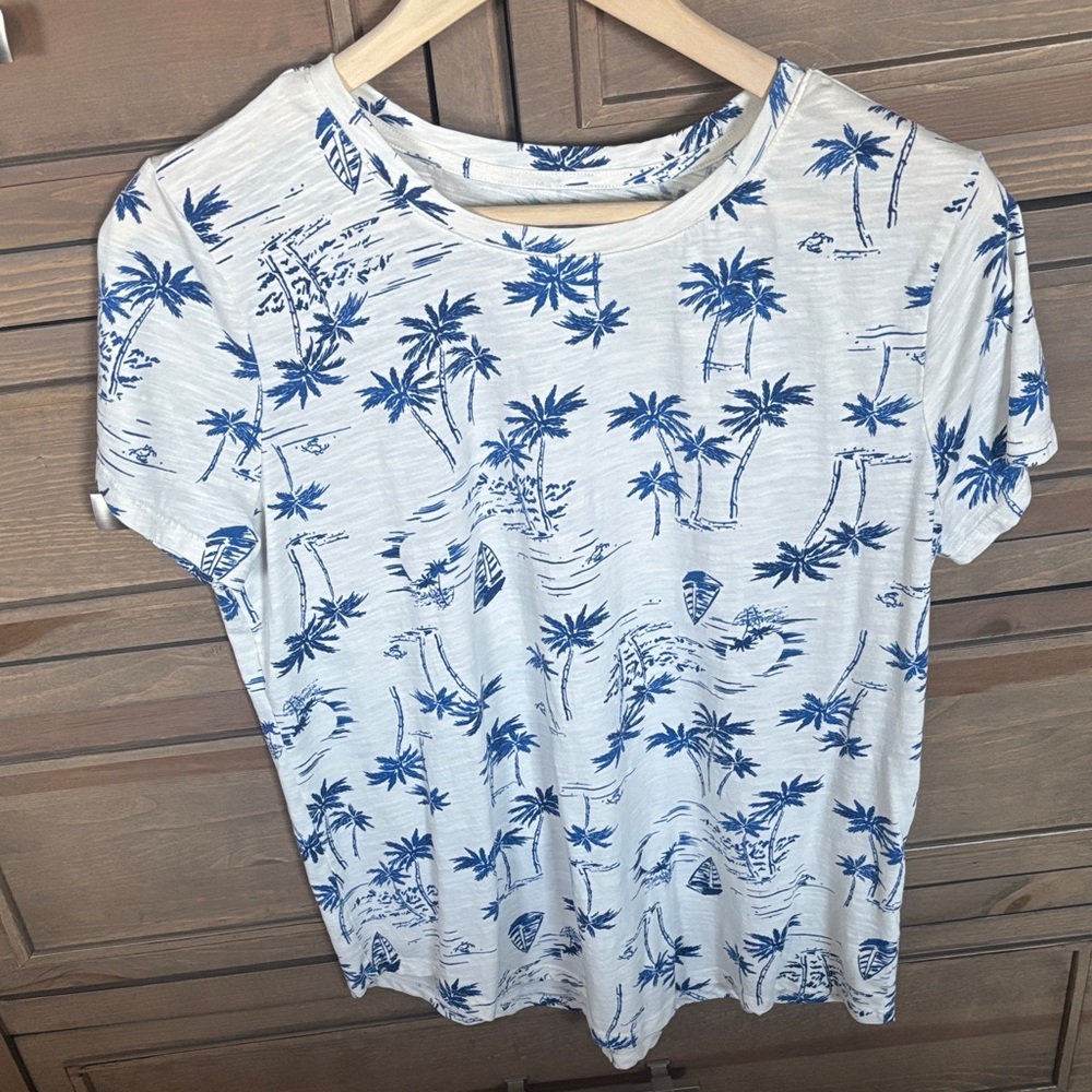 White and Blue Palm Print Women's Tee